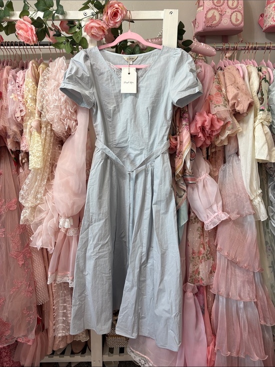 Simple Retro Dresses & Skirts - Light Blue Midi Dress with Puff Sleeves and Waist Tie